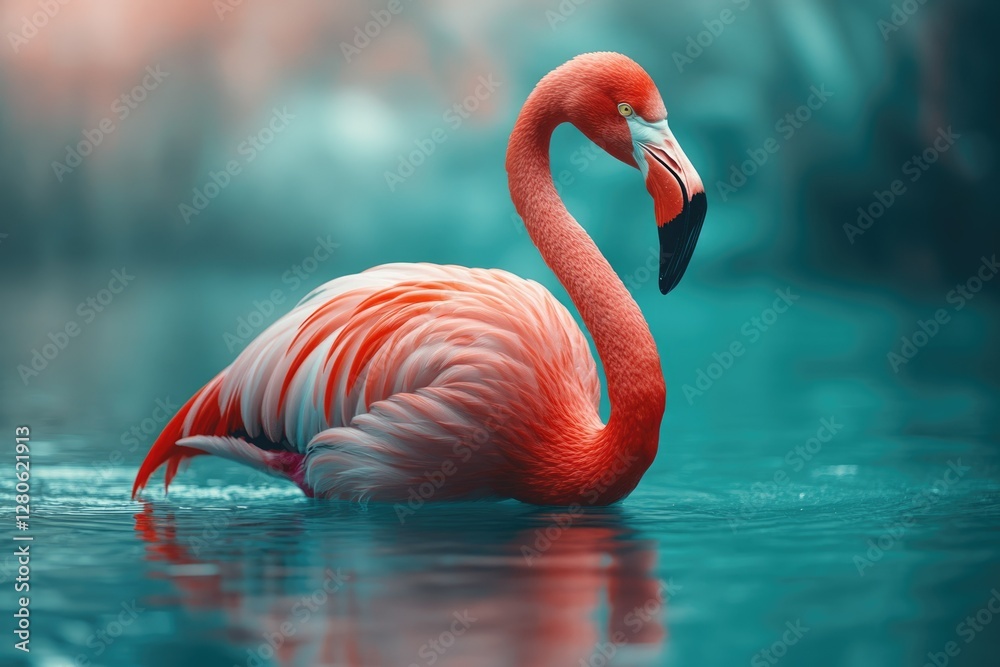 Fototapeta premium A vibrant pink flamingo gracefully floats on teal water, its reflection mirroring its beauty.