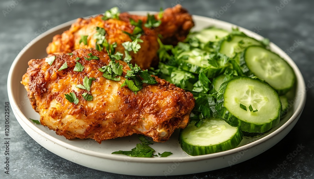 Crispy fried chicken and cucumber salad on plate Crispy fried chicken and cucumber salad on plate