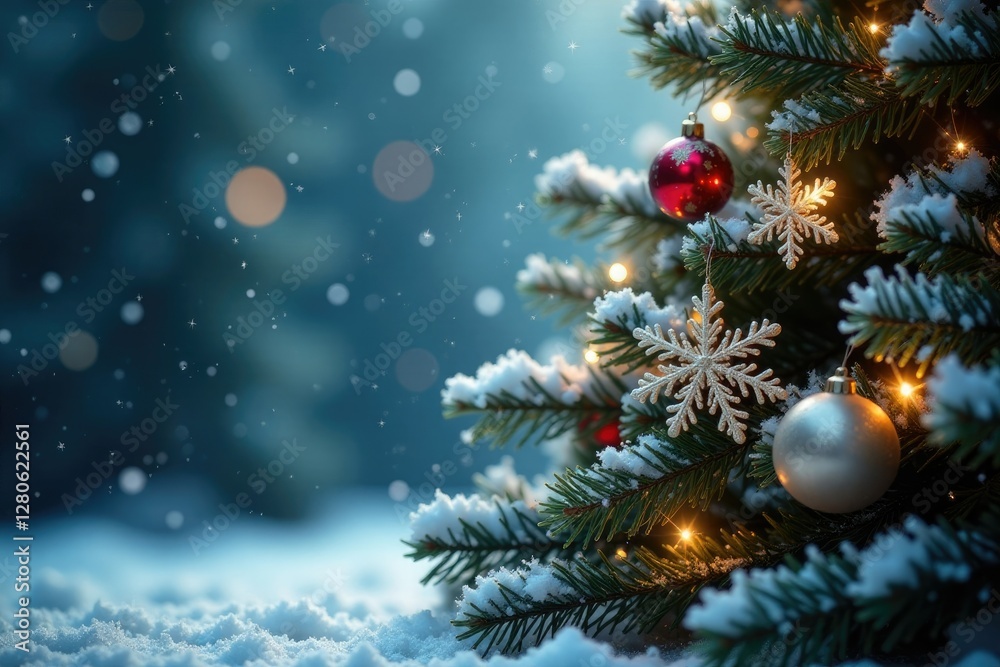 Snowflakes gently falling on a Christmas tree, white, snow, ornaments Snowflakes gently falling on a Christmas tree, white, snow, ornaments