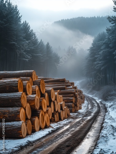 Gestapelte Baumstämme im Nebel – Holzernte in mystischer Waldkulisse photo