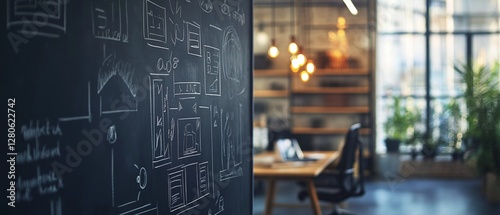 A startup office setting with a blackboard featuring a clean and structured business roadmap, drawn in fine chalk strokes.