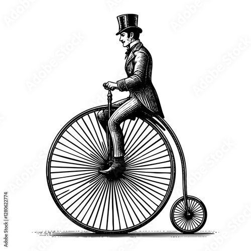 PrinGentleman riding penny farthing bicycle sketch engraving black and white outline. Scratch board imitation.  illustrated in vintage line art style on a white background.
