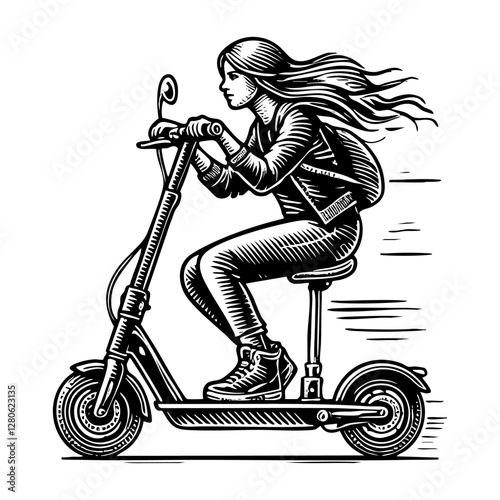Woman riding scooter sketch engraving black and white outline. Scratch board imitation.  illustrated in vintage line art style on a white background.