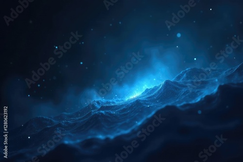 Soft blue glow emanating from void in black space, darkness, light