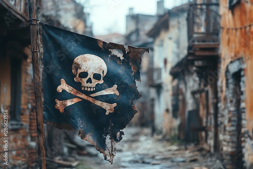Decayed pirate flag in ruined city street