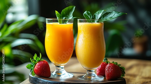 Fresh fruit smoothies, two glasses, cafe setting, plants and strawberries in background photo