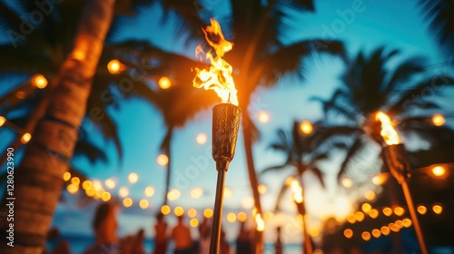 Fototapeta Naklejka Na Ścianę i Meble -  Alcohol consumption at a vibrant beach party with cocktails. Featuring palm trees and tiki torches