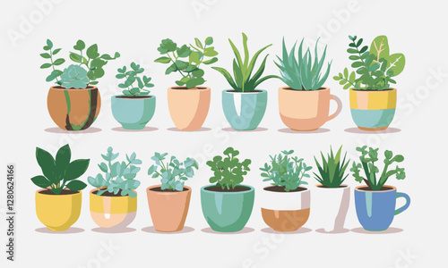 Vector-style illustration of cute potted plants in ceramic pots, easily editable. 