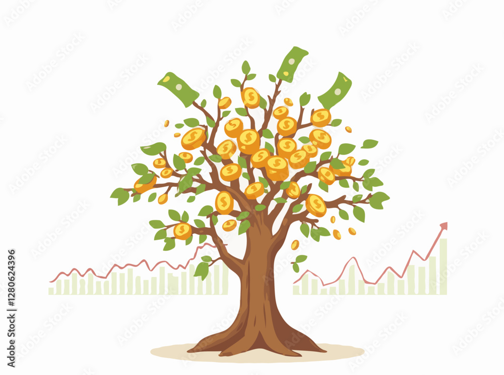 Obraz premium Investment Success: Money Tree and Stock Market Charts