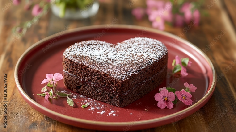 A heart-shaped chocolate cake dusted with powdered sugar, adorned with pink flowers on a plate.