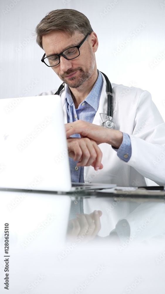 Doctor man in a blue shirt under a medical coat is thinking while using technology in medicine. Portrait of physician typing on a laptop on a glass desk in clinic, vertical view. Medicine and science Doctor man in a blue shirt under a medical coat is thinking while using technology in medicine. Portrait of physician typing on a laptop on a glass desk in clinic, vertical view. Medicine and science