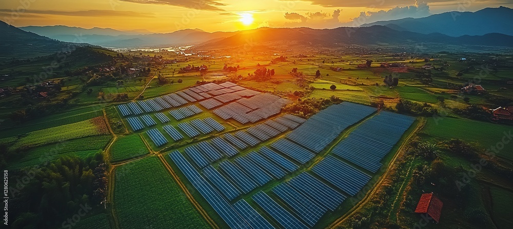 Fototapeta premium High-angle drone view of a solar farm with solar batteries at sunset in a rural landscape