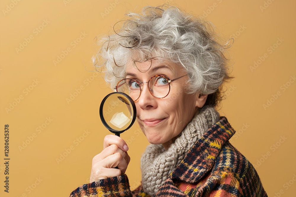 happy woman curious looking through magnifying glass, beige background, moderate lighting