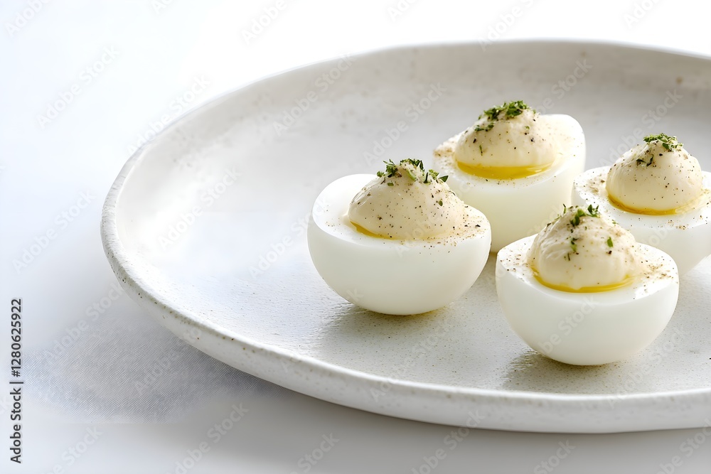Hard-boiled egg halves with creamy mayo, garnished with fresh herbs