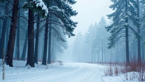 Tree trunks visible above foggy winter landscape, forest, winter, foggy
