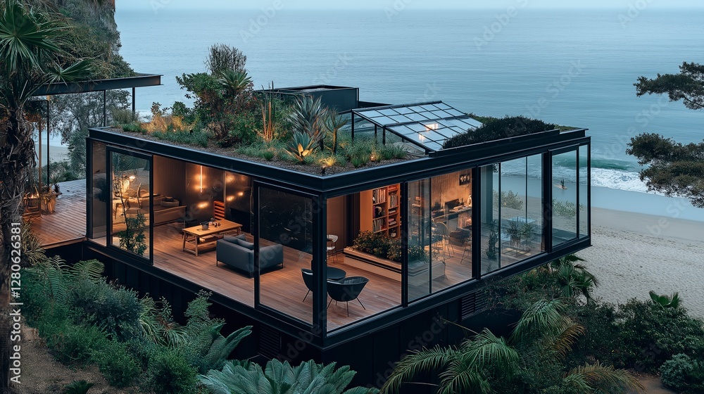Modern coastal retreat with glass walls and lush greenery overlooking serene ocean waves at sunset. Generative AI Modern coastal retreat with glass walls and lush greenery overlooking serene ocean waves at sunset. Generative AI