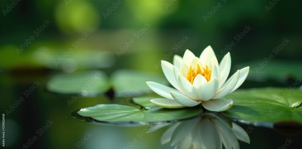 Water lily pad with delicate white blooms on a serene pond surface, forest, ponds, serenity Water lily pad with delicate white blooms on a serene pond surface, forest, ponds, serenity