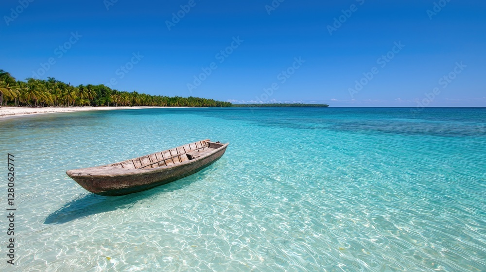 Fototapeta premium Tropical beach scene with wooden boat, clear water. Peaceful getaway