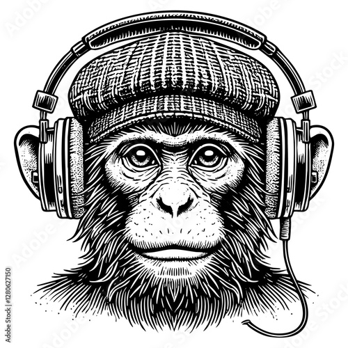 Monkey wear headphone sketch engraving black and white outline. Scratch board imitation.

