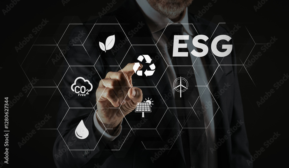 Fototapeta premium Man touch a screen to analyze ESG Business investment strategy economy Environment social governance