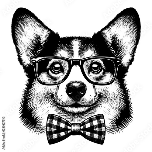 Corgi dog wear eyeglasses sketch engraving black and white outline. Scratch board imitation.  illustrated in vintage line art style on a white background.
