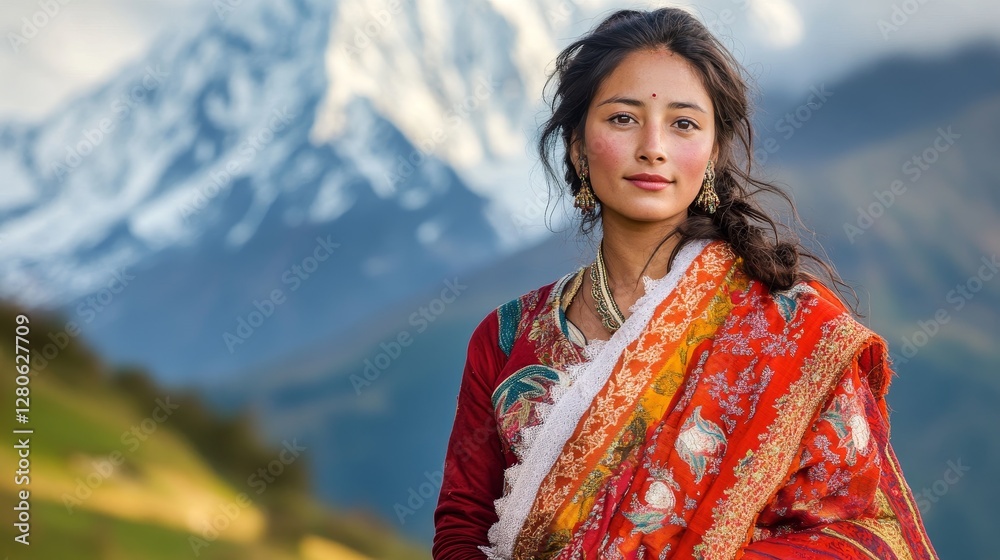 Beautiful Nepalese Woman in Intricate Cultural Dress Against Majestic Mountains Beautiful Nepalese Woman in Intricate Cultural Dress Against Majestic Mountains