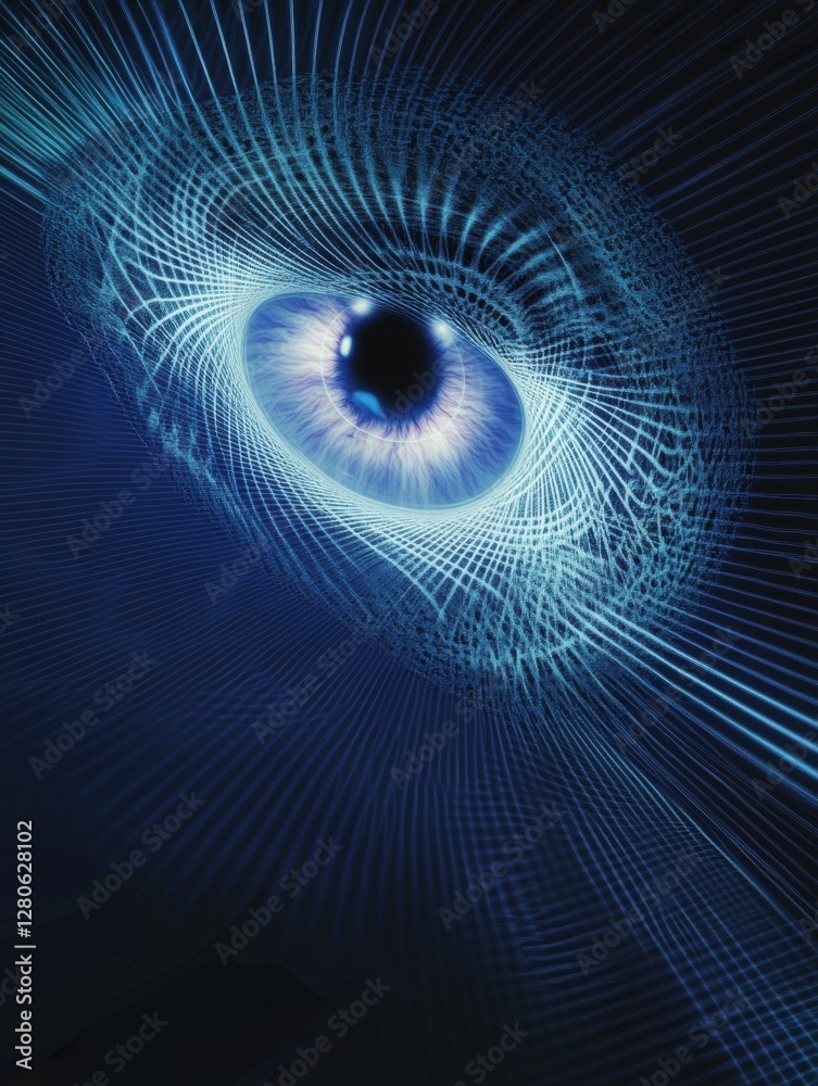 Digital representation of an eye with intricate patterns and glowing lines in a dark background Digital representation of an eye with intricate patterns and glowing lines in a dark background