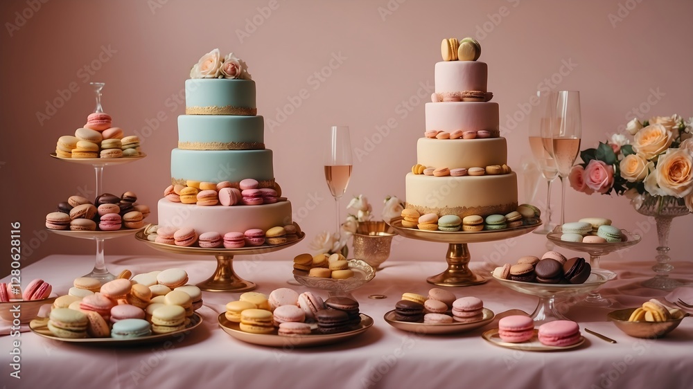 A decadent dessert table with a tiered cake, macarons, chocolate truffles, and a glass of champagne, set against a pastel-colored backdrop. A decadent dessert table with a tiered cake, macarons, chocolate truffles, and a glass of champagne, set against a pastel-colored backdrop.