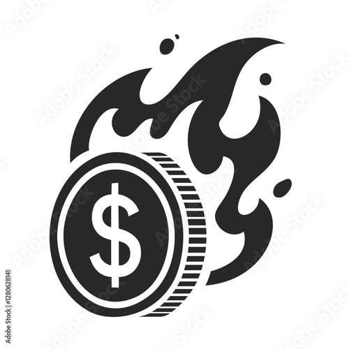 Silhouette of a burning coin with a dollar sign, symbolizing financial crisis or economic instability.