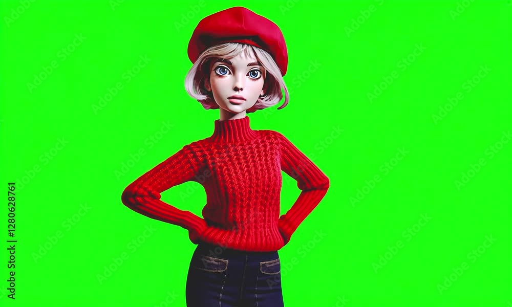 Fashion girl character in paris look on green screen background. Fashion girl character in paris look on green screen background.