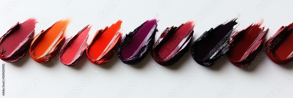 Obraz premium Bright and bold lip colors arranged in a gradient on a white surface in a creative makeup display