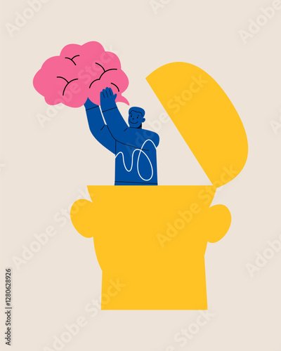 Man frees his imagination to explore new ideas. Concept to freedom. Colorful vector illustration