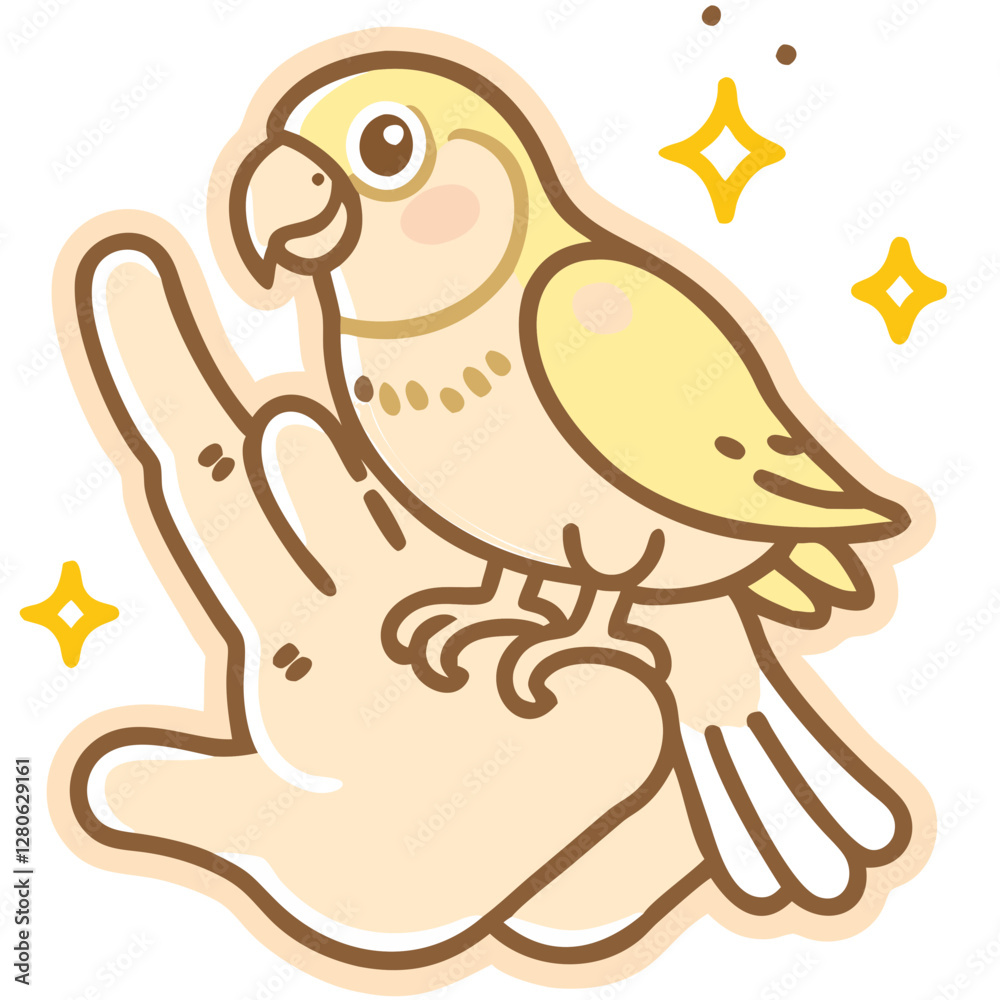 Fototapeta premium Pet care Cute parrot sitting on a human hand in doodle style