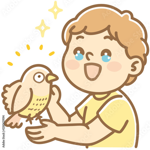 Pet care Happy child playing with a parakeet in cute doodle style