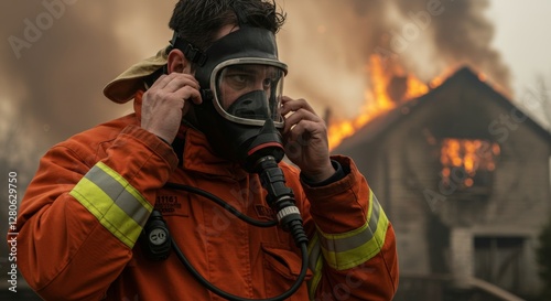 Firefighter ensures airtight seal on mask amid blazing inferno backdrop photo