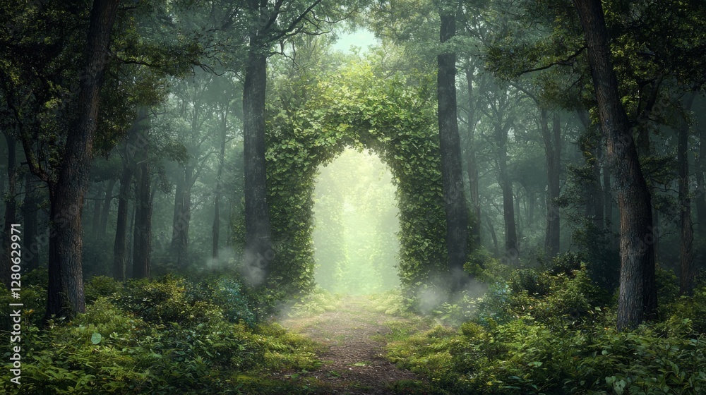 Fototapeta premium Enchanted Forest Pathway Framed by Lush Green Vines and Trees in Mystical Lighting