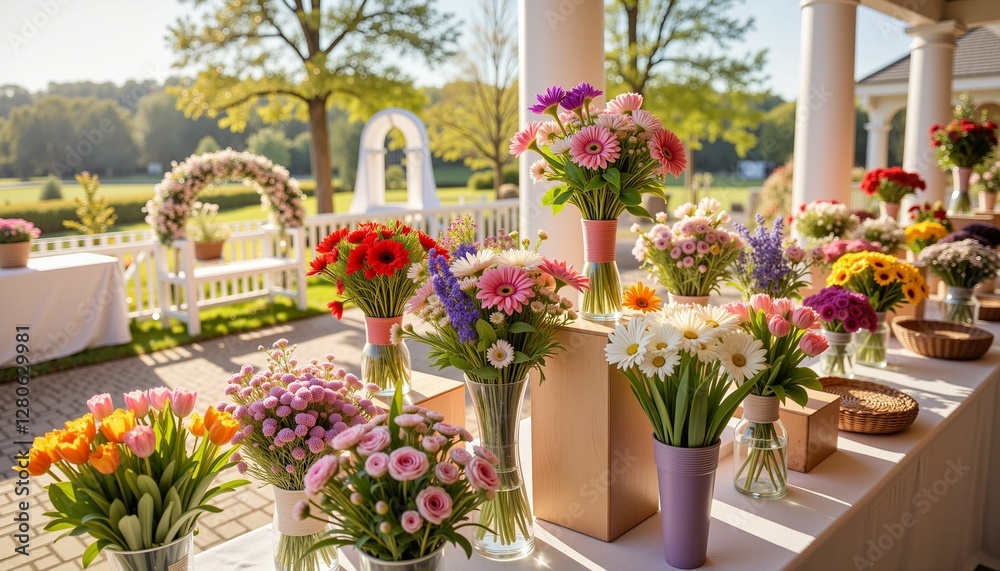 Fototapeta premium Colorful floral bouquets displayed in open event space, wedding decor