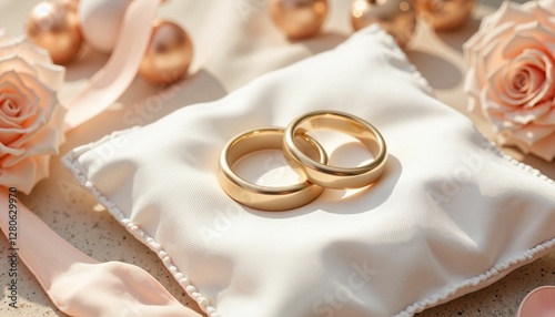 Elegant wedding rings on silk cushion, symbol of love