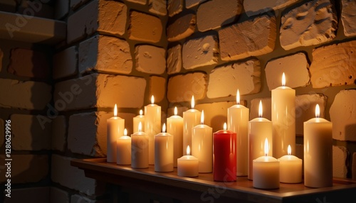 Serene candlelit altar setting with flickering flames, spiritual ambiance photo