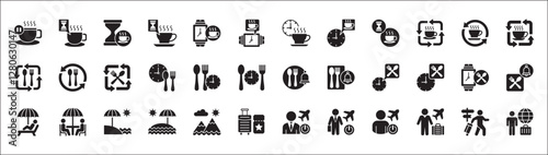 Office coffee break icon set. Time break for lunch icon collection. Vacation office day off symbol. Icon set contain symbol of coffee cup time, rest hours, lunchtime, eat, vacation, holiday, beach.