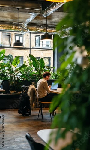 People working in a modern office with plants and natural light