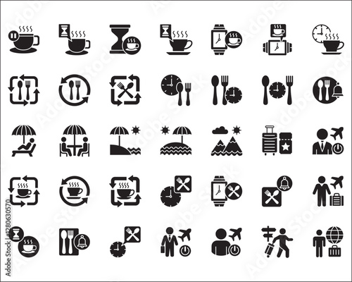 Office coffee break icon set. Time break for lunch icon collection. Vacation office day off symbol. Icon set contain symbol of coffee cup time, rest hours, lunchtime, eat, vacation, holiday, beach.