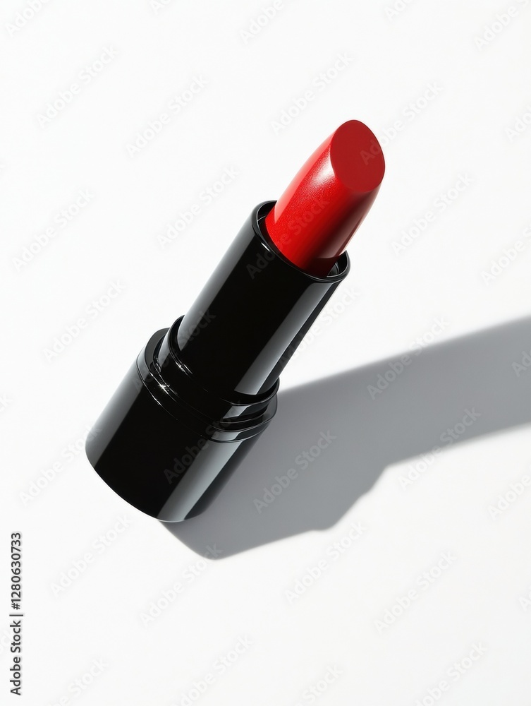 Bold red lipstick stands upright on a white surface, showcasing its vibrant color and sleek design in a clear and focused manner Bold red lipstick stands upright on a white surface, showcasing its vibrant color and sleek design in a clear and focused manner