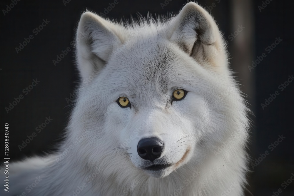 soulful close-up of a silver wolf's face, piercing yellow eyes, dramatic black background soulful close-up of a silver wolf's face, piercing yellow eyes, dramatic black background