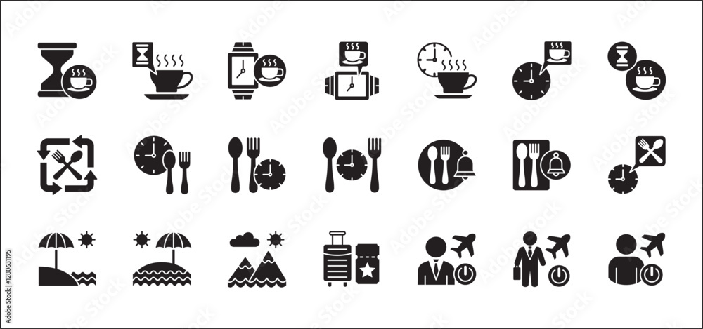 Office coffee break icon set. Time break for lunch icon collection. Vacation office day off symbol. Icon set contain symbol of coffee cup time, rest hours, lunchtime, eat, vacation, holiday, beach. Office coffee break icon set. Time break for lunch icon collection. Vacation office day off symbol. Icon set contain symbol of coffee cup time, rest hours, lunchtime, eat, vacation, holiday, beach.