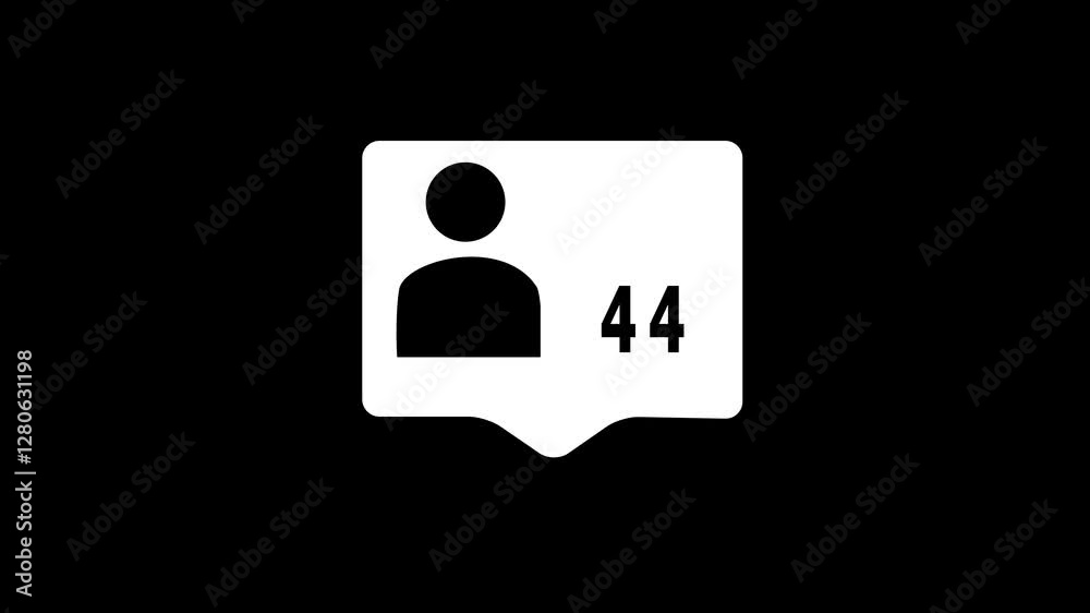 Speech bubble with a person icon and counting up. Social media followers - Counting up to 100 people following animation on black background. Speech bubble with a person icon and counting up. Social media followers - Counting up to 100 people following animation on black background.