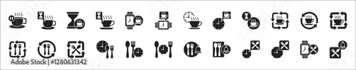 Office coffee break icon set. Time break for lunch icon collection. Vacation office day off symbol. Icon set contain symbol of coffee cup time, rest hours, lunchtime, eat, vacation, holiday, beach.