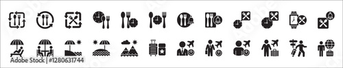 Office coffee break icon set. Time break for lunch icon collection. Vacation office day off symbol. Icon set contain symbol of coffee cup time, rest hours, lunchtime, eat, vacation, holiday, beach.