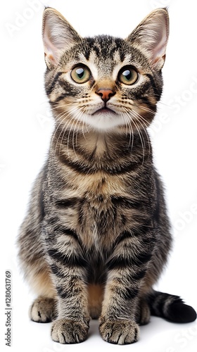 Curious kitten, studio, white background, attentive gaze