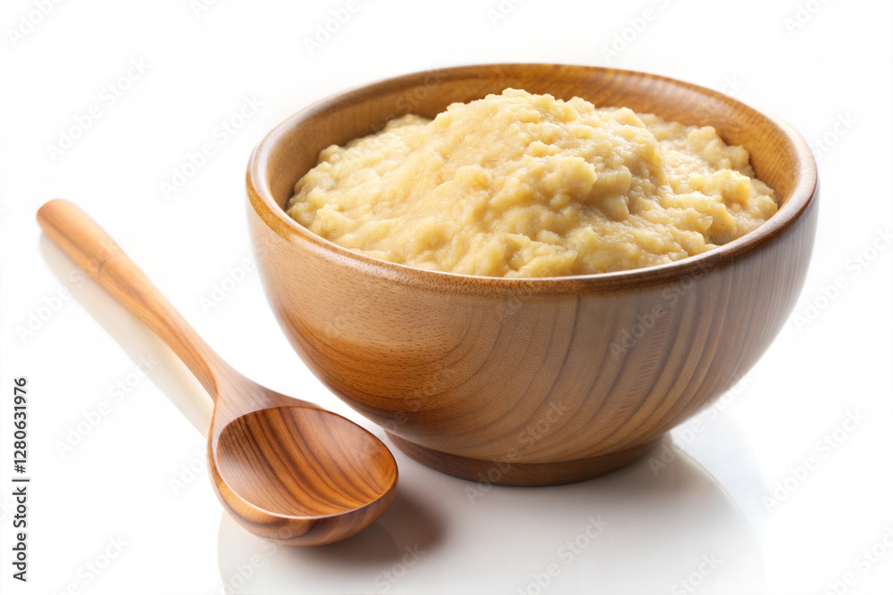 Wooden bowl of creamy oatmeal with wooden spoon Wooden bowl of creamy oatmeal with wooden spoon